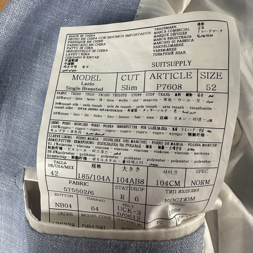 Suitsupply Lazio Sport Coat Mens 52(44 US)Blue Slim EThomas Wool‎ Silk Linen